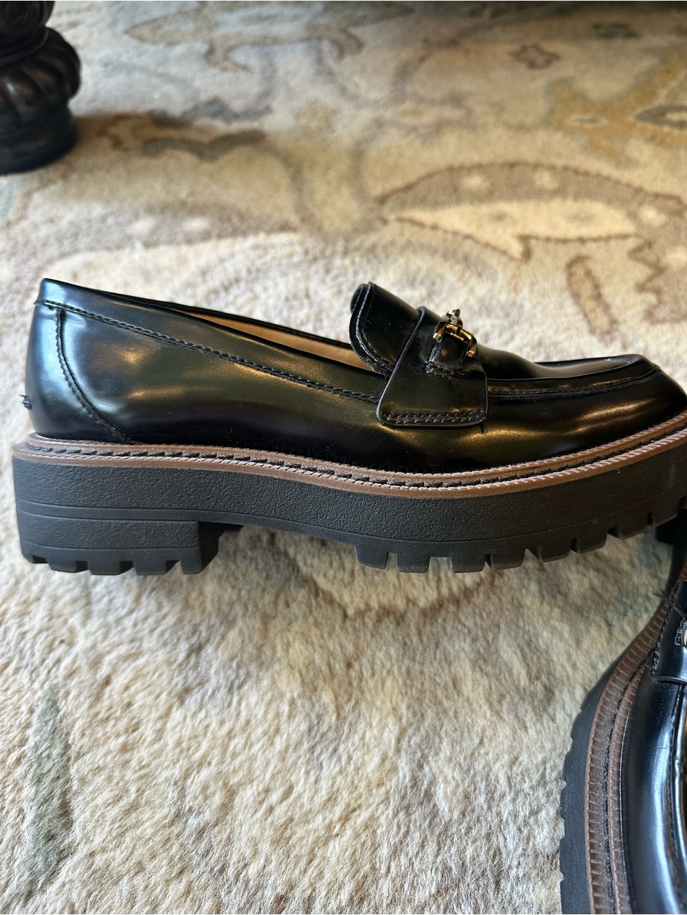 Sam Edelman Black Lug-Sole Penny Loafers with Gold Bit